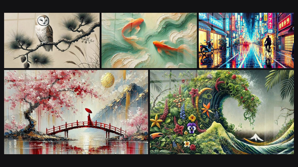 Mosaik aus fünf Gemälden, darunter Eule unter Pinien, Passage unter der Sakura und Kois in Symbiose