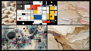 Mosaico de cinco cuadros, entre ellos Minimalismo Esculpido y Composición geométrica colorida