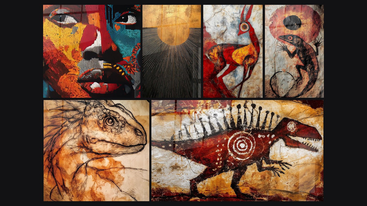 Mosaico di sei quadri, tra cui Viso africano mosaico colorato e Sole Dorato Splendente