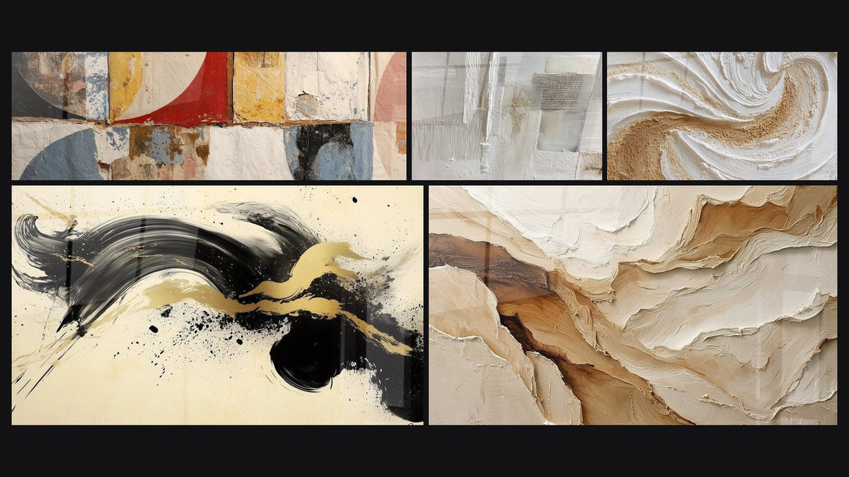 Mosaico de cinco cuadros, entre ellos Formas geométricas abstractas, Ciervo Pasión Negro y Abstracto Beige y Tierra