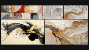 Mosaico de cinco cuadros, entre ellos Formas geométricas abstractas, Ciervo Pasión Negro y Abstracto Beige y Tierra