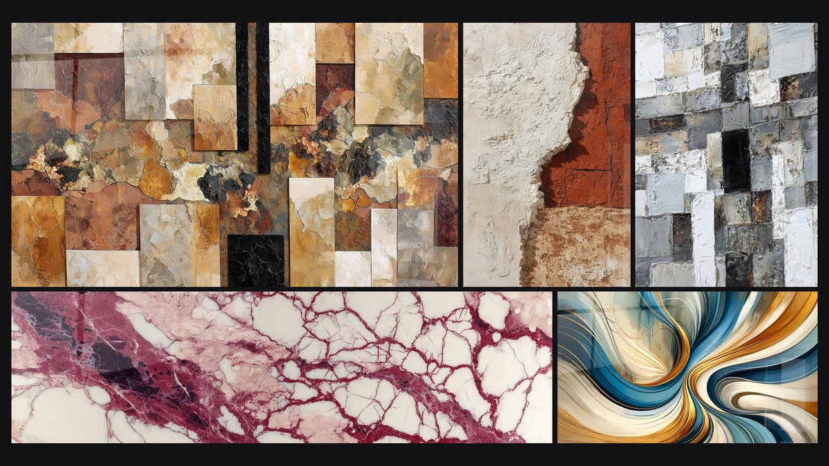 Mosaico de cinco cuadros, entre ellos Vetas púrpuras y crema sobre fondo crú y Espirales Elegantes