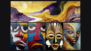 Mozaïek van vijf schilderijen, waaronder Afrikaanse Maskers en Masker Spirituele Trance