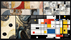 Mozaïek van vijf schilderijen, waaronder Abstracte geometrische vormen, Evenwicht Zwarte Bol en Ondulerende Weelde
