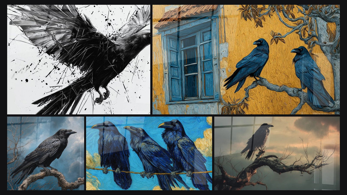 Mosaïque de cinq tableaux, dont Corbeau N°3, Deux corbeaux sur branche et Corbeau majestueux sur branche