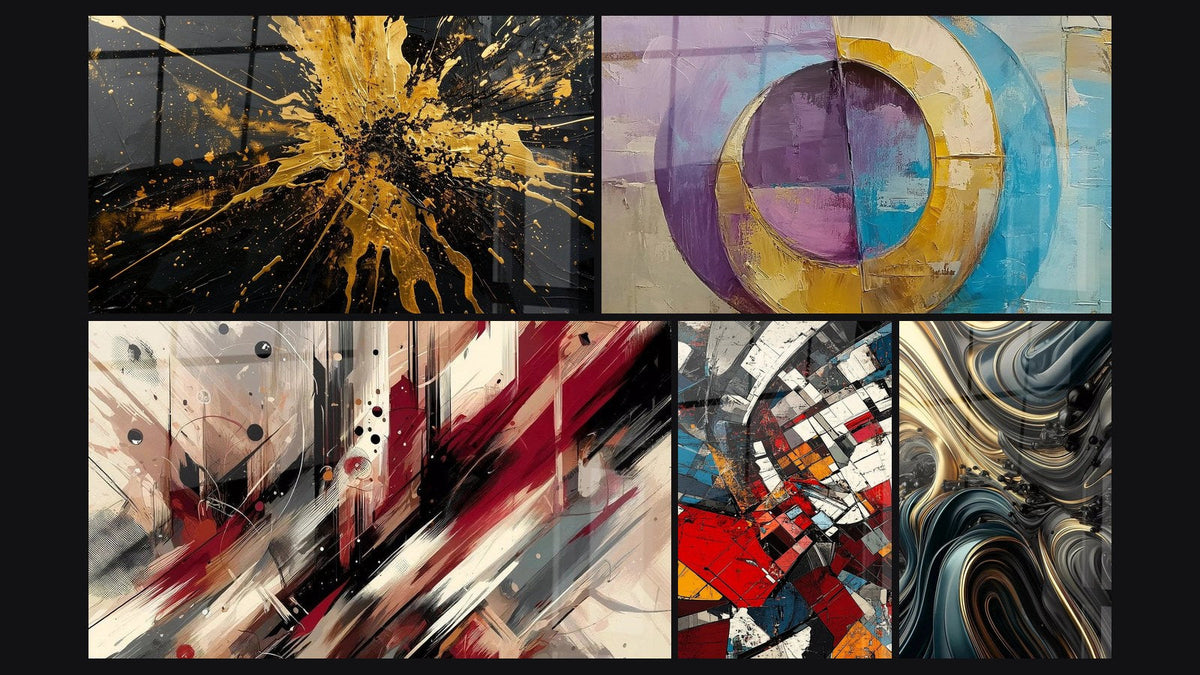 Mosaico di cinque quadri, tra cui Turbulenza Artistica, Con cerchi concentrici colorati e Rivoluzione Architettonica Moderna