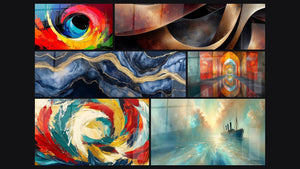 Mosaïque de six tableaux, dont Œil coloré abstrait, Marbre Liquide Éternité Bleu et Sinuosités Méditation Ocre
