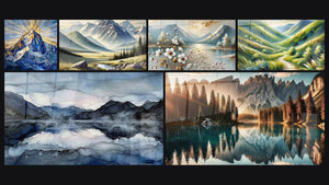 Mosaico de seis cuadros, entre ellos Montaña Mosaico, Paisaje Montañoso y Vasto Horizonte