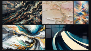 Mosaico de cinco cuadros, entre ellos Flujo Aurífero, Abstracto de Corrientes Coloridas y Onda espiral moderno