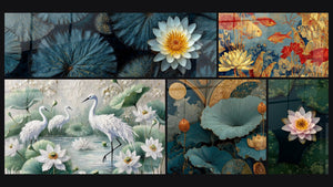 Mosaïque de cinq tableaux, dont Danse des Lotus, Lotus Rêverie Orientale et Poissons dorés lotus
