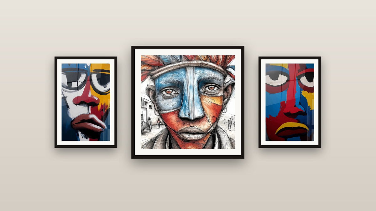 Gallery wall with three framed paintings, including Tribal Spirit and Deceased Revered Face