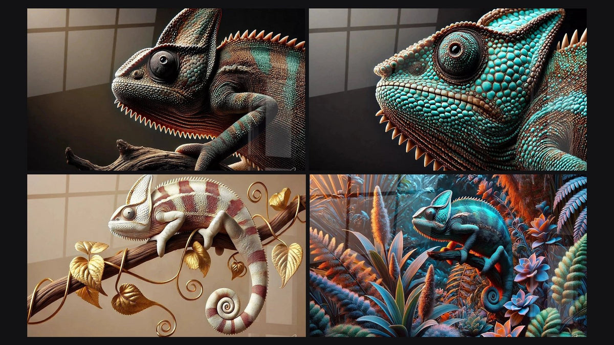Mosaico de cuatro cuadros, entre ellos Mirada Camuflada, Mosaico Vivo y El Ojo del Camaleón