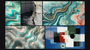 Mosaico de cinco cuadros, entre ellos Olas Cristalinas, Ondas Centelleantes y Composición Geométrica Orden Racional