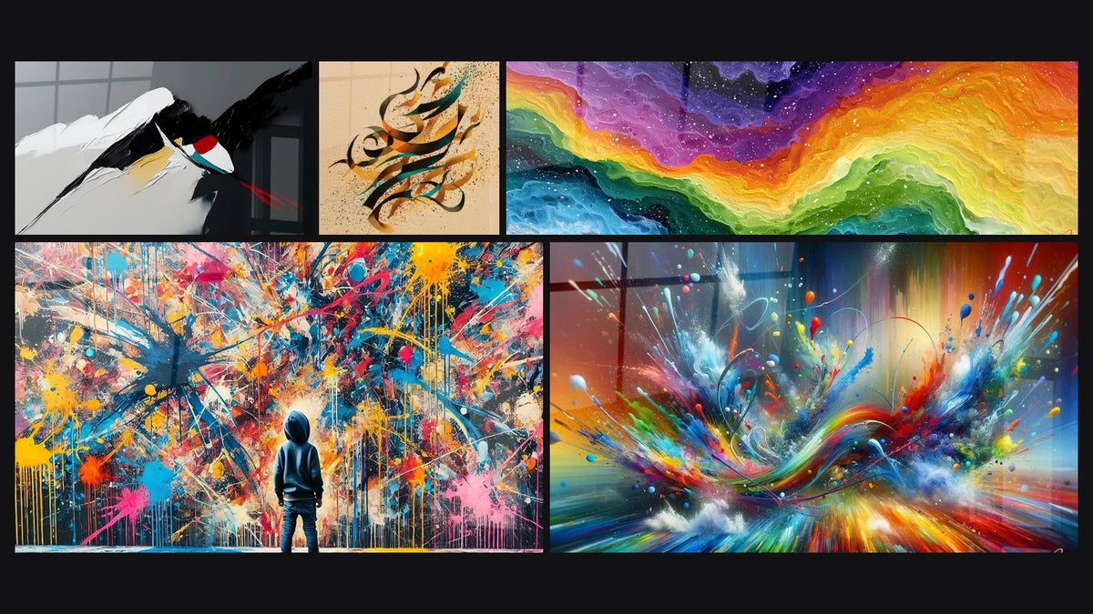 Mosaïque de cinq tableaux, dont Composition abstraite dynamique et Calligraphie abstraite