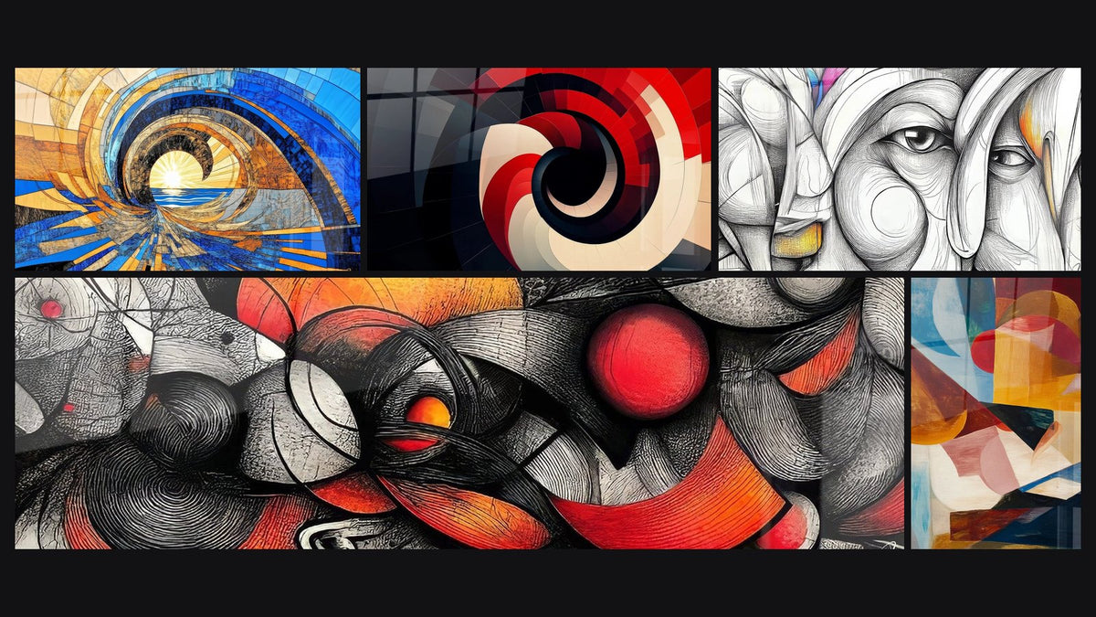 Mosaico di cinque quadri, tra cui Tunnel temporale dorato, A spirale geometrica rossa e Tavola viso femminile astratto