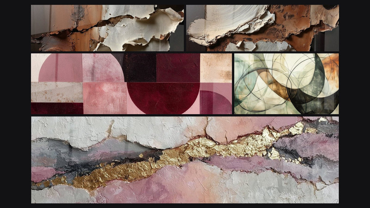 Mosaic of five paintings, including Abstract Earth and Off-White Texture and The Invisible Bonds