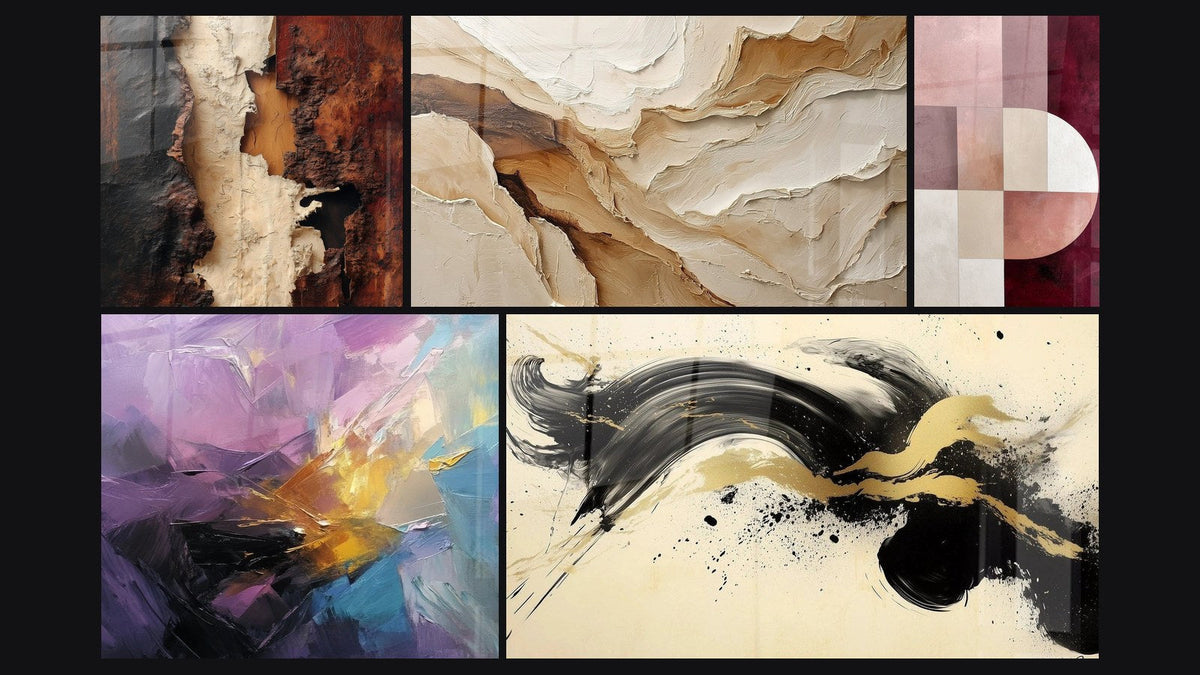 Mosaic of five paintings, including Abstract Beige and Earth, Abstract colorful explosion and Passionate Momentum Black