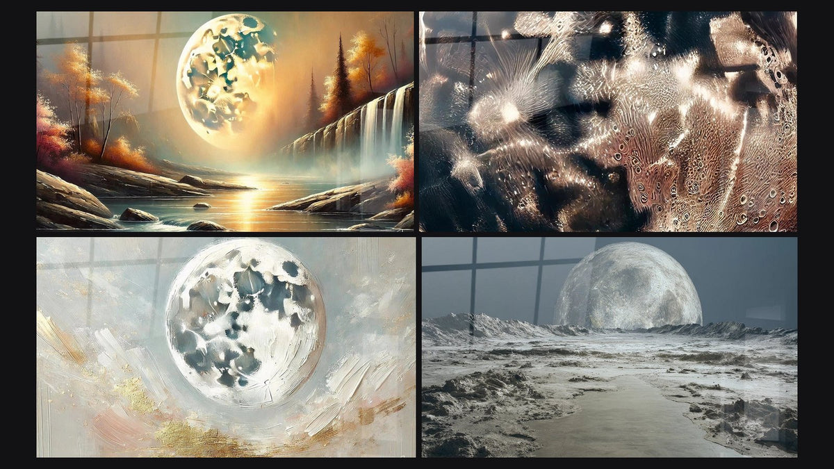 Mosaico de cuatro cuadros, entre ellos Serenidad Celeste, La Luna y el Oro y La Huella de la Eternidad