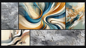Mozaïek van vijf schilderijen, waaronder Abstract Zilt, Elegante Spiralen en Goud Getijde en Eb
