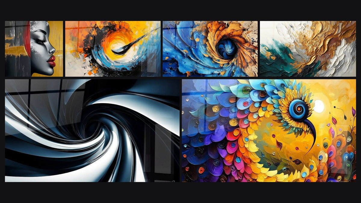 Mosaic of six paintings, including Abstract Female Profile, Dynamic Cosmic Spiral and Dynamic black and blue spiral