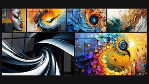 Mosaico de seis cuadros, entre ellos Perfil femenino abstracto, Espiral cósmico dinámico y Espiral dinámico negro y azul