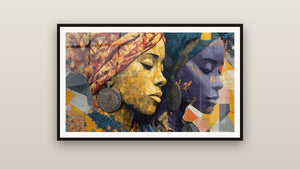 Ingelijst schilderij aan een muur: Twee Afrikaanse vrouwen profiel