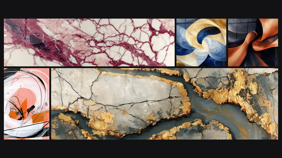 Mosaico de cinco cuadros, entre ellos Vetas púrpuras y crema sobre fondo crú y Espiral Blanca y Coral con Rayas Negras