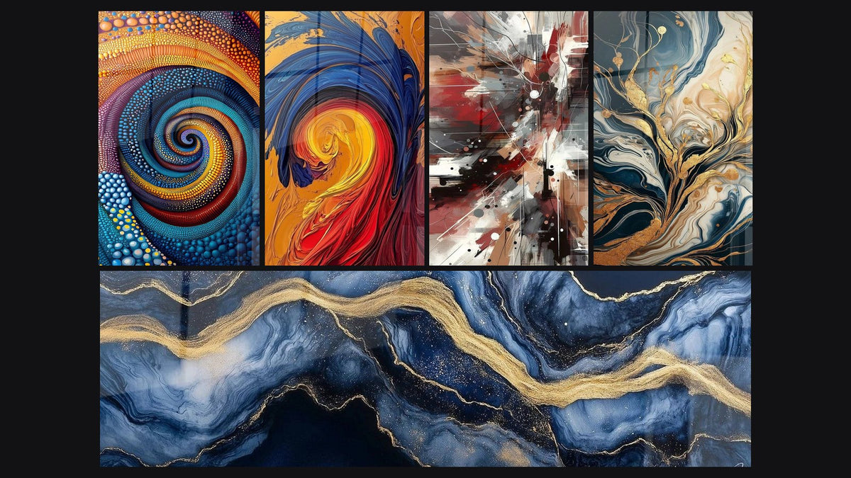 Mosaïque de cinq tableaux, dont Spirale colorée multicolore, Spirale énergétique multicolore et Marbre Liquide Éternité Bleu