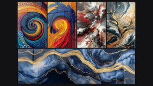Mosaico de cinco cuadros, entre ellos Espiral colorido multicolor y Espiral energético multicolore