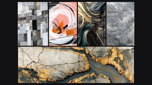 Mosaico de cinco cuadros, entre ellos Mosaico Abstracto Gris y Blanco y Espiral Blanca y Coral con Rayas Negras