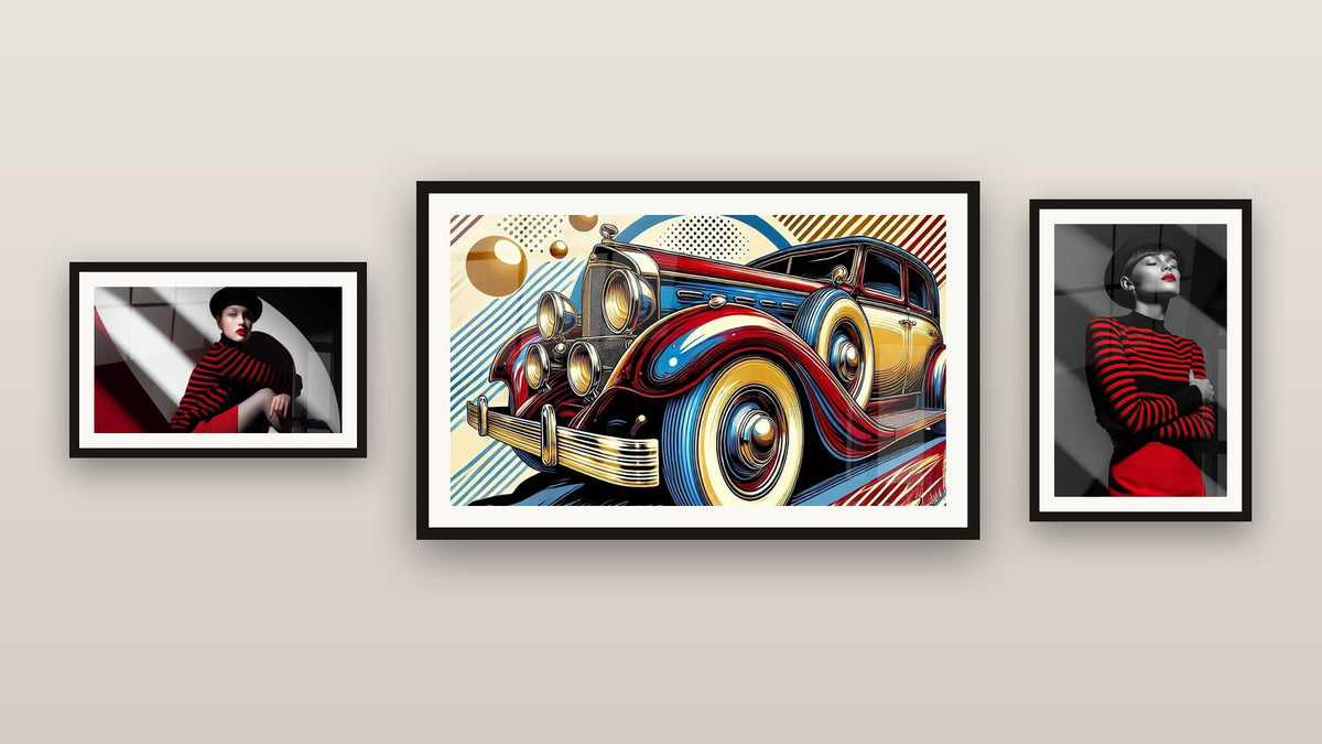 Gallery wall with three framed paintings, including Black Hat and Red Skirt Closed Eyes