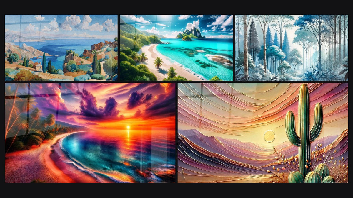 Mosaïque de cinq tableaux, dont Paysage méditerranéen, Sérénité des Eaux Cristallines et Crépuscule Flamboyant en Bord de Mer