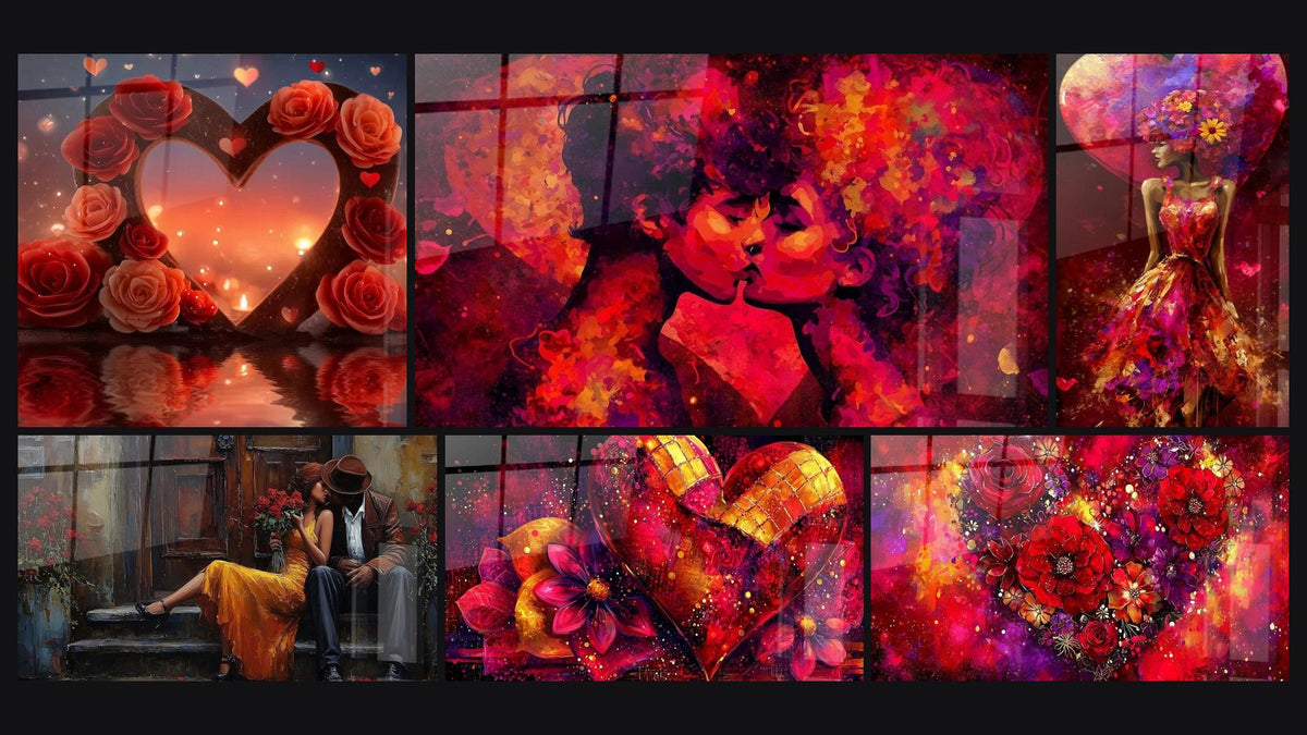 Mosaico di sei quadri, tra cui Cuore Passione Eterna, Coppia Bacio Passionale e Donna con fiori Regina di Cuori