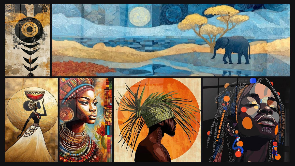 Mosaico di sei quadri, tra cui Astratto africano sole tribale, La Portatrice di Tradizione e Lo Splendore dell'Africa
