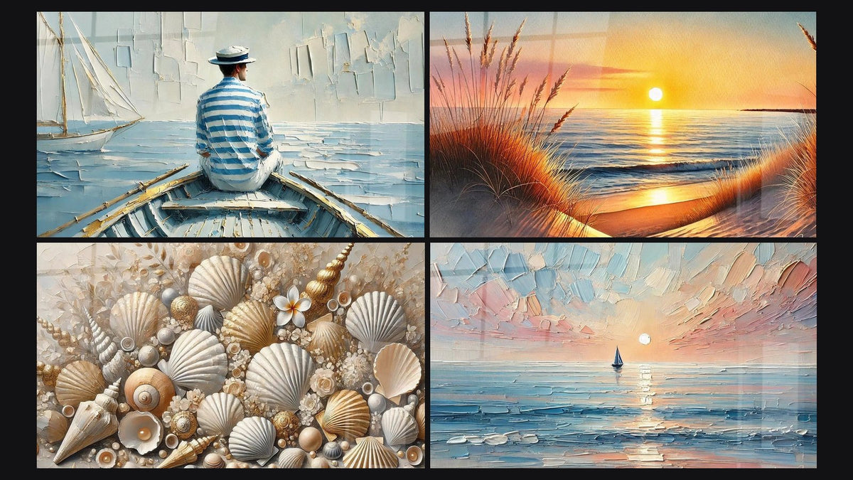 Mosaïque de quatre tableaux, dont L’Art de l’Eau, Joyaux des Sables et Quand le Jour S’endort