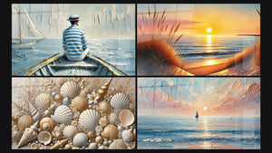 Mosaic of four paintings, including The Art of Water, Jewels of the Sands and When the Day Falls Asleep