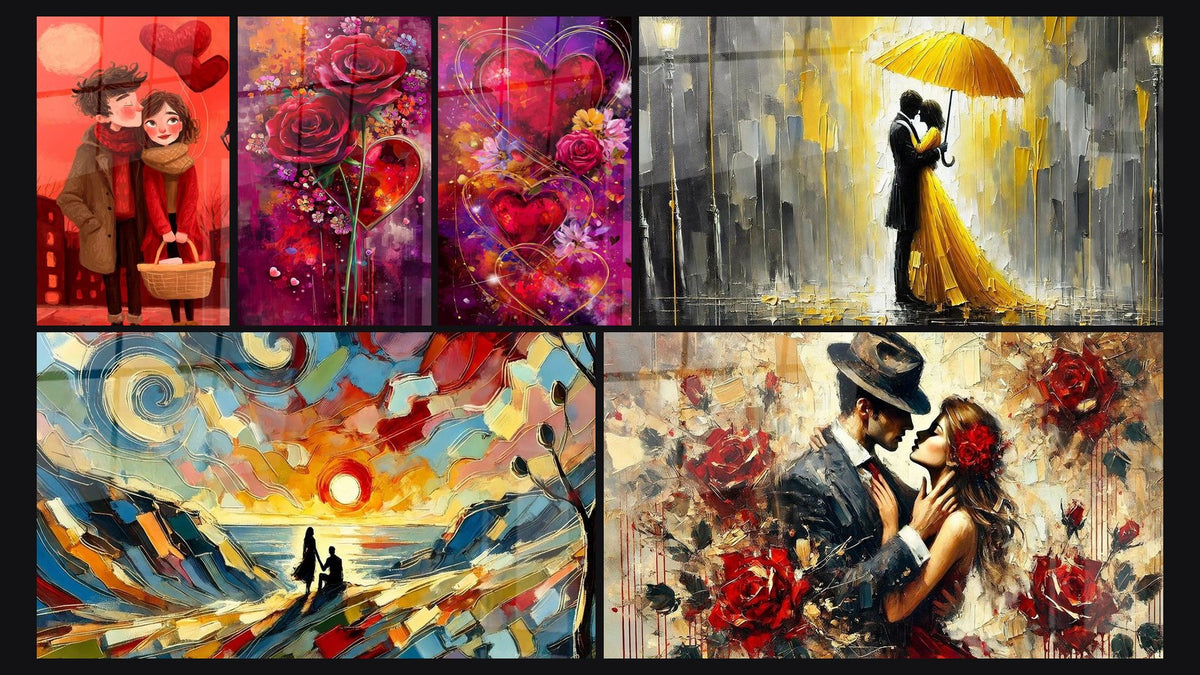 Mosaïque de six tableaux, dont Couple Complicité au panier de pique-nique, Rose Serment d'Amour et Cœurs Sentiment Absolu