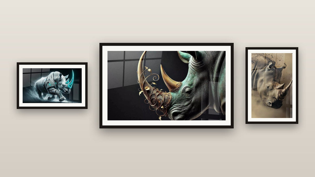 Gallery wall with three framed paintings: Nature's Armor, Rhino Cybernetic Charge and Rhinoceros Spirit of the Bush