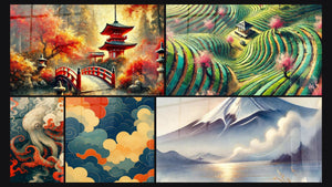 Mosaïque de cinq tableaux, dont Japonais N°6, Paysage Japonais N°1 et Colère Noble -Édition Japon