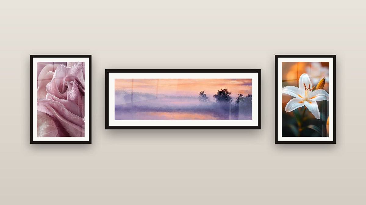 Gallery wall with three framed paintings, including Tulip Wall Art N°2 and Lily Wall Art N°2