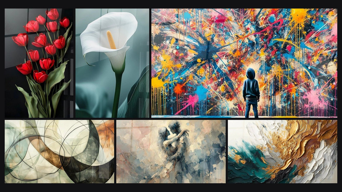 Mosaico di sei quadri, tra cui Tulipano N°3, I Legami Invisibili e Schizzi di Pittura