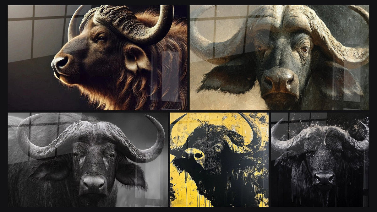Mosaic of five paintings, including Strength and Glory, Black and White Buffalo Portrait and Golden Guardian Buffalo