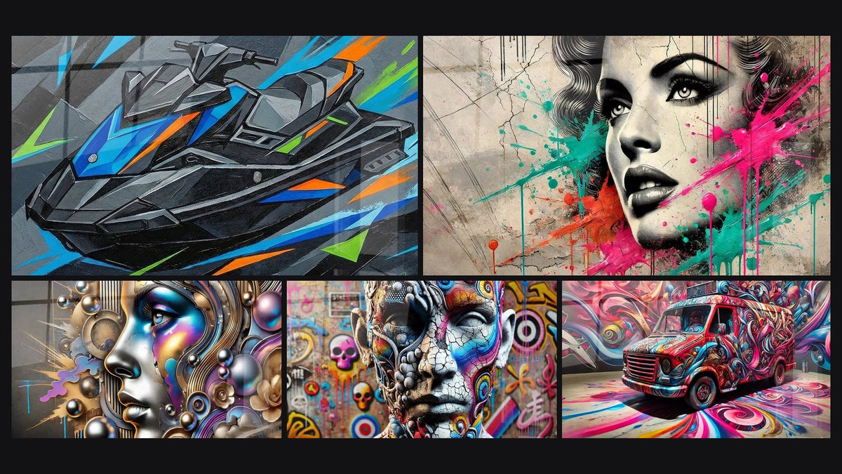 Mosaico de cinco cuadros, entre ellos Grafiti en la Carne, Fragmentos de Identidad y Grietas del Alma
