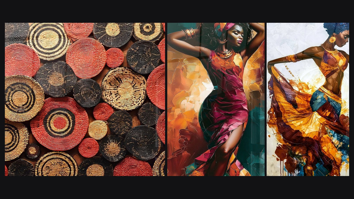 Mosaico de tres cuadros, entre ellos Cestas Africanas Trenzadas y Bailarina vestido burdeos y fondo ocre