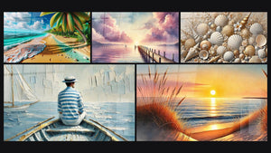 Mosaic of five paintings, including Serenade of Palms by the Sea Landscape, Towards the Horizon and The Art of Water