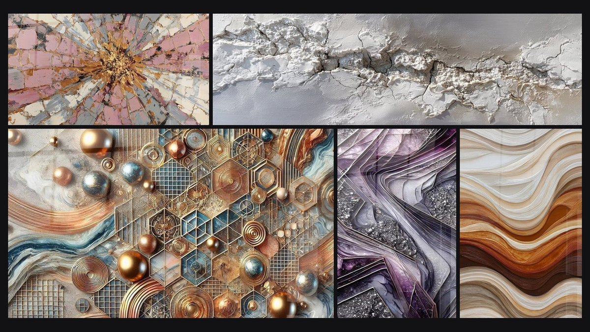 Mosaic of five paintings, including Copper Mosaic and Quartz Blades