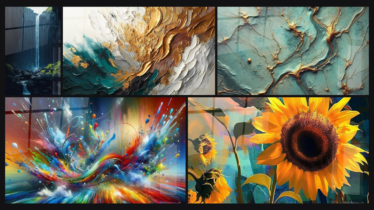 Mosaico di cinque quadri, tra cui Cascata N°2, Traccia in Oro e Giada e Big Bang Artistico Brillante