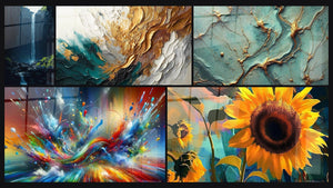 Mosaic of five paintings, including Trace Artwork in Gold and Jade, Big Bang Artistic Dazzling and Sunflower Wall Art No. 1