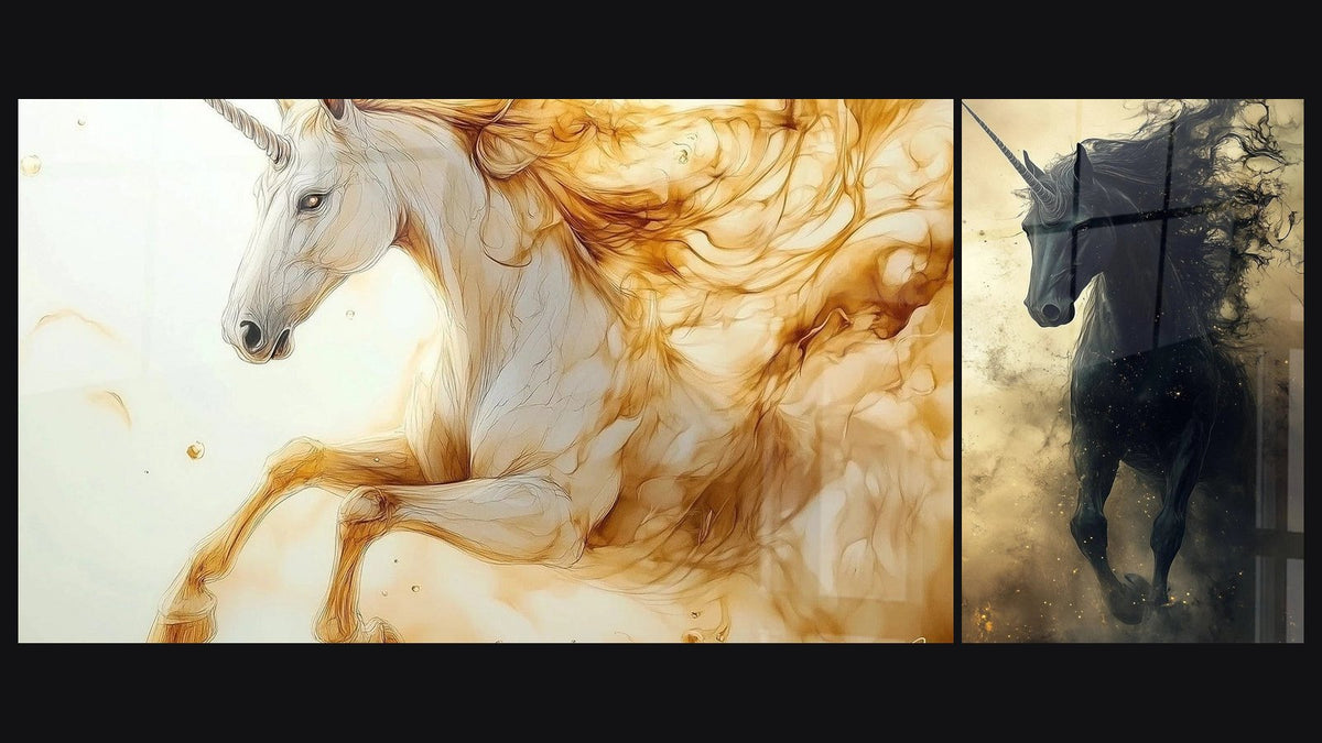 Due quadri affiancati: Unicorno N°1 e Unicorno N°2