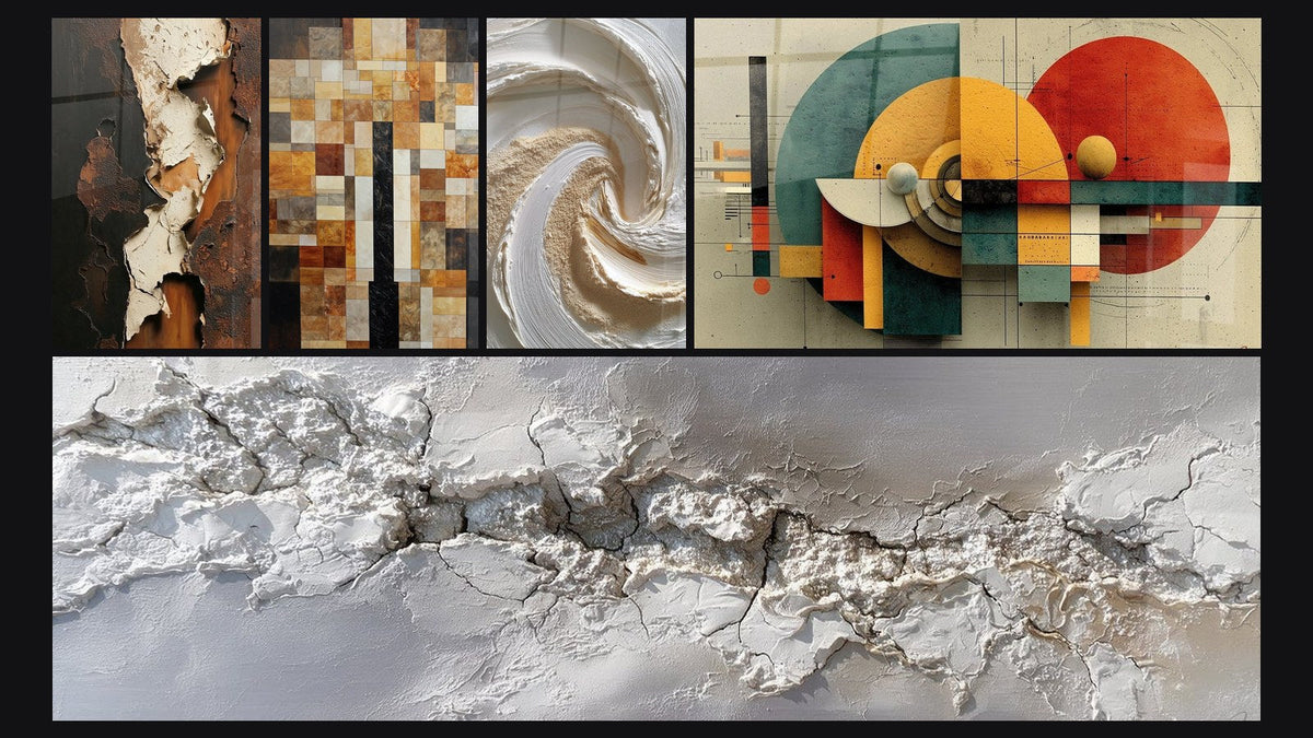 Mosaic of five paintings, including Textured Relief Golden and White Spiral and Geometric Circular Revolution